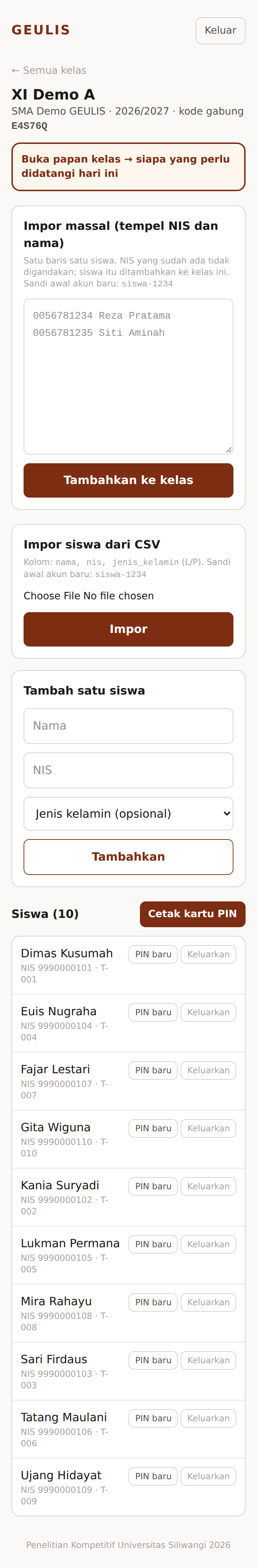 Tangkapan layar: Isi kelas dan cetak kartu PIN