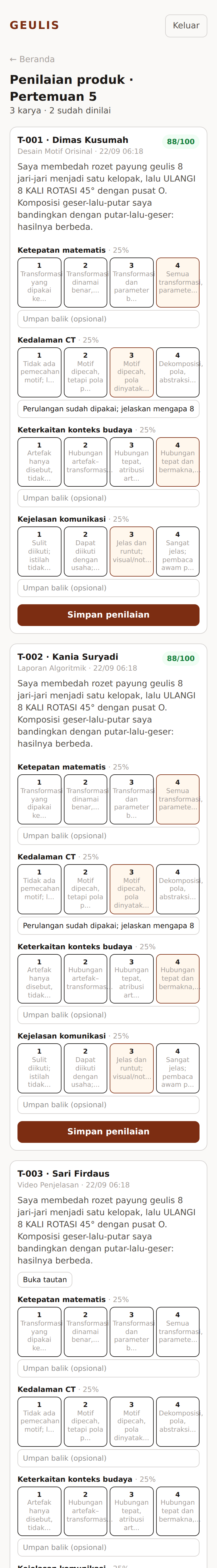 Tangkapan layar: Nilai produk dengan rubrik