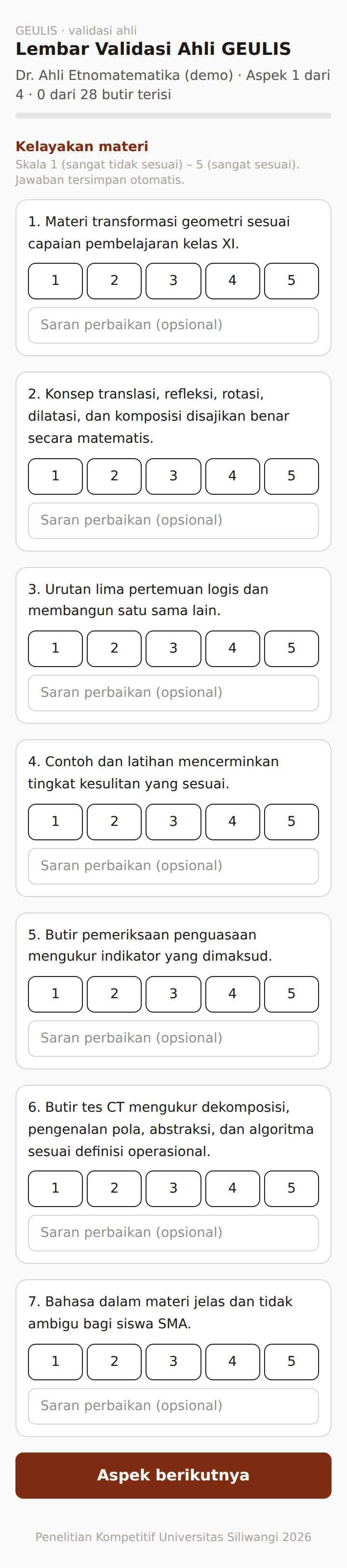 Tangkapan layar: Isi lembar validasi per aspek